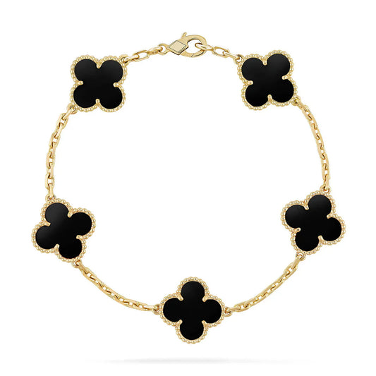 [Renovia Jewelry]FIVE MOTIF FOUR-LEAF CLOVER BLACK ONYX 18K SOLID GOLD BRACELET (40% DEPOSIT)
