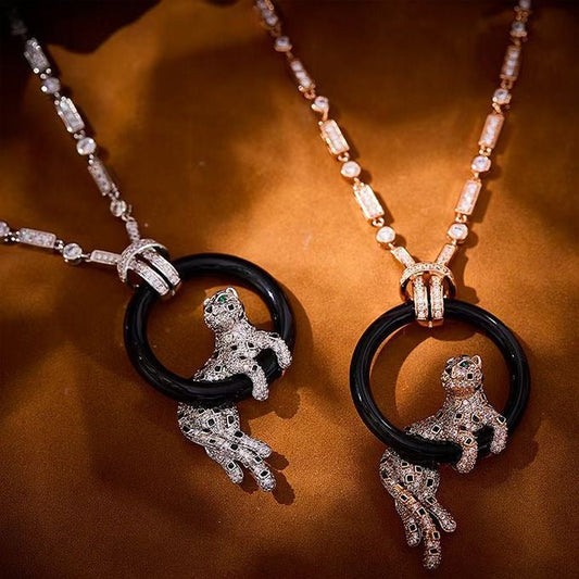 [Renovia Jewelry jewelrys]NEW BLACK CIRCLE PANTHER FULL DIAMOND NECKLACE