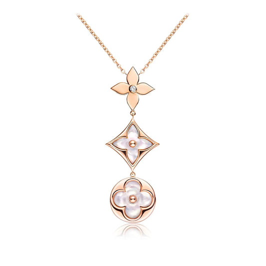 [Renovia Jewelry]COLOR BLOSSOM LARIAT NECKLACE PINK GOLD WHITE MOTHER PEARL AND DIAMOND